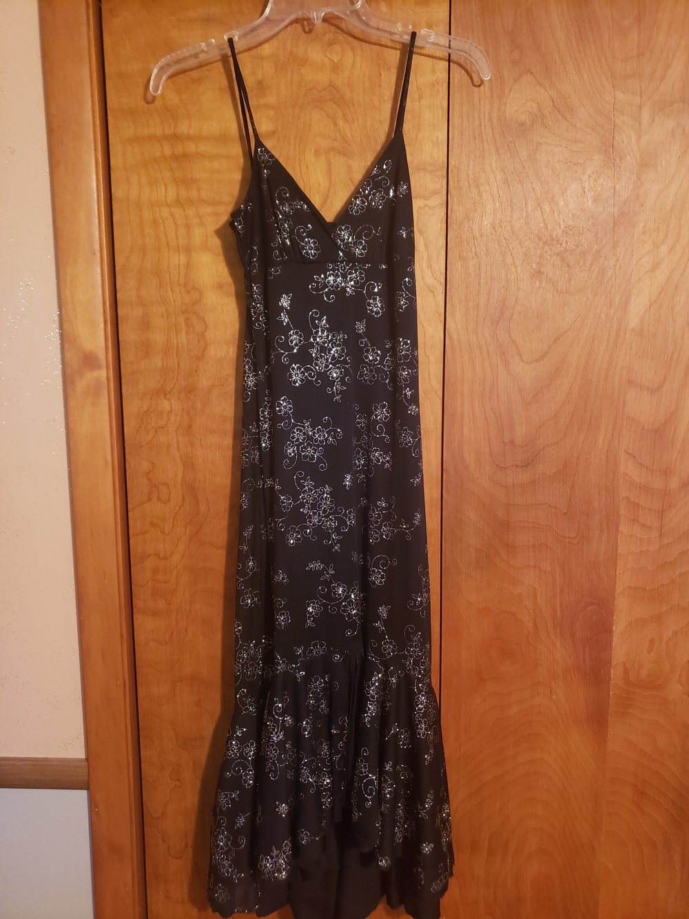Elegant Black Floral Slip Dress with Thin Straps & Lots Of Sparkle